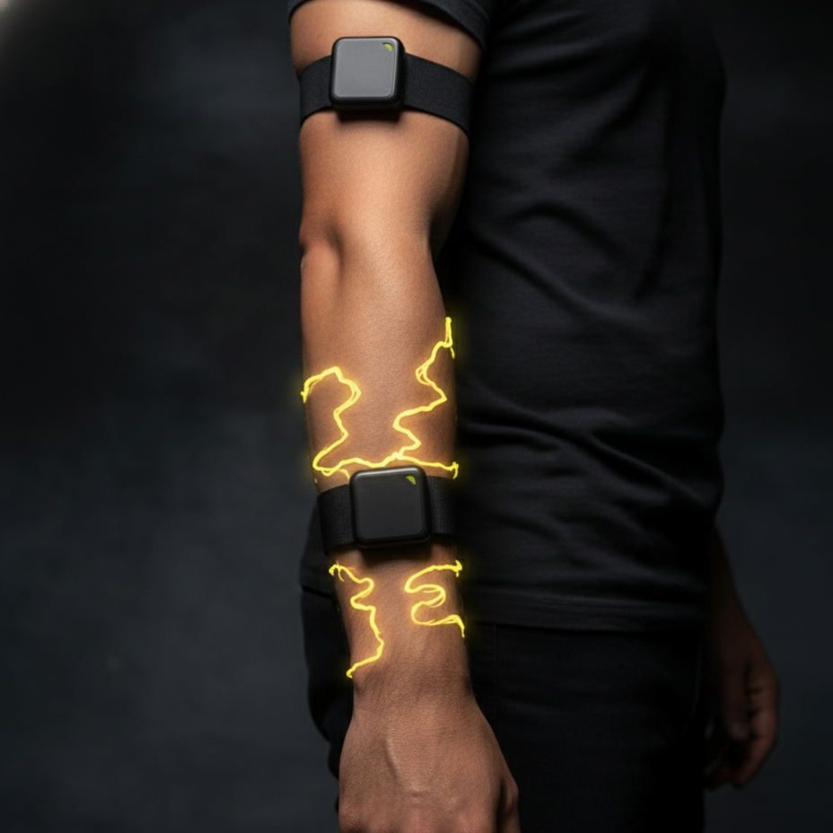GOAT two-sensor set worn on the arm — one on the upper arm, one on the forearm