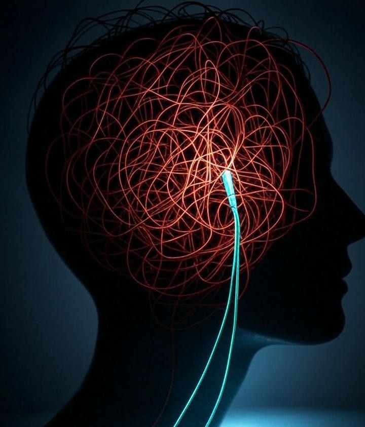 Conceptual art showing a chaotic tangle of wires being replaced by a single, efficient, glowing cyan cable, representing the building of a new neural circuit.