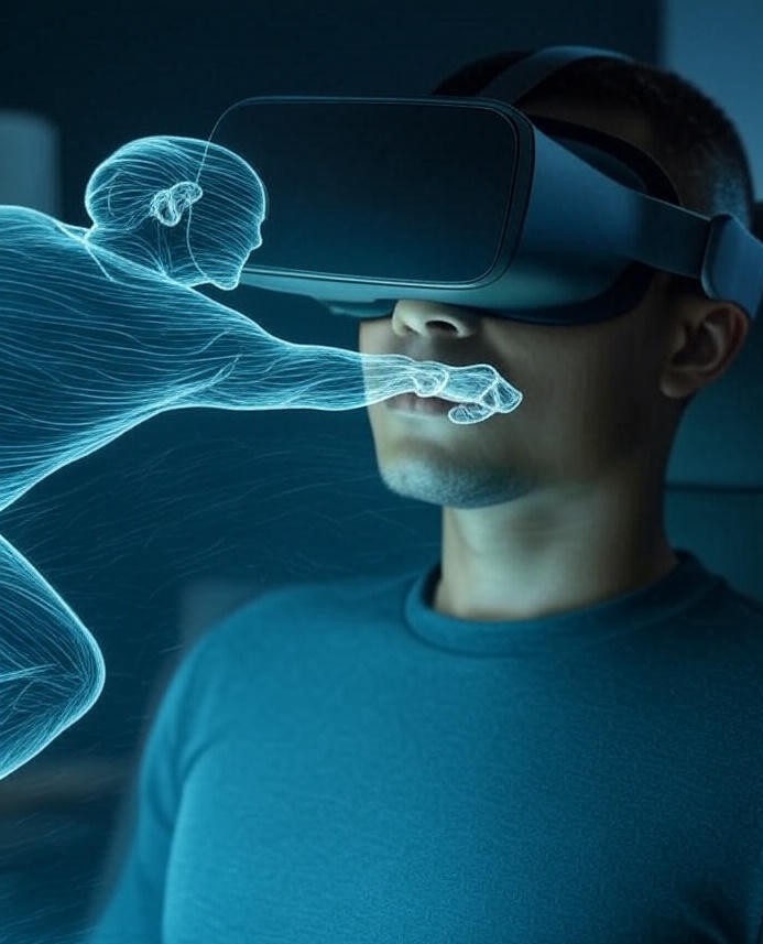 Athlete using a VR headset for accelerated learning, visualizing a holographic motion blueprint to activate mirror neurons for motor learning.