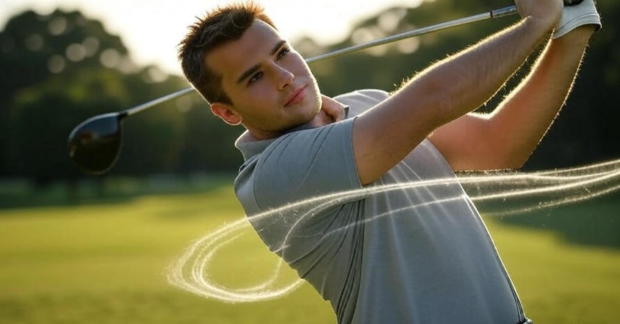 Cinematic photo representing physical mastery, showing a golfer in a state of flow at the apex of a perfect swing.