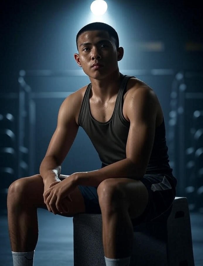 A powerful photograph illustrating self-belief and a growth mindset, showing an athlete in quiet contemplation before a challenge.